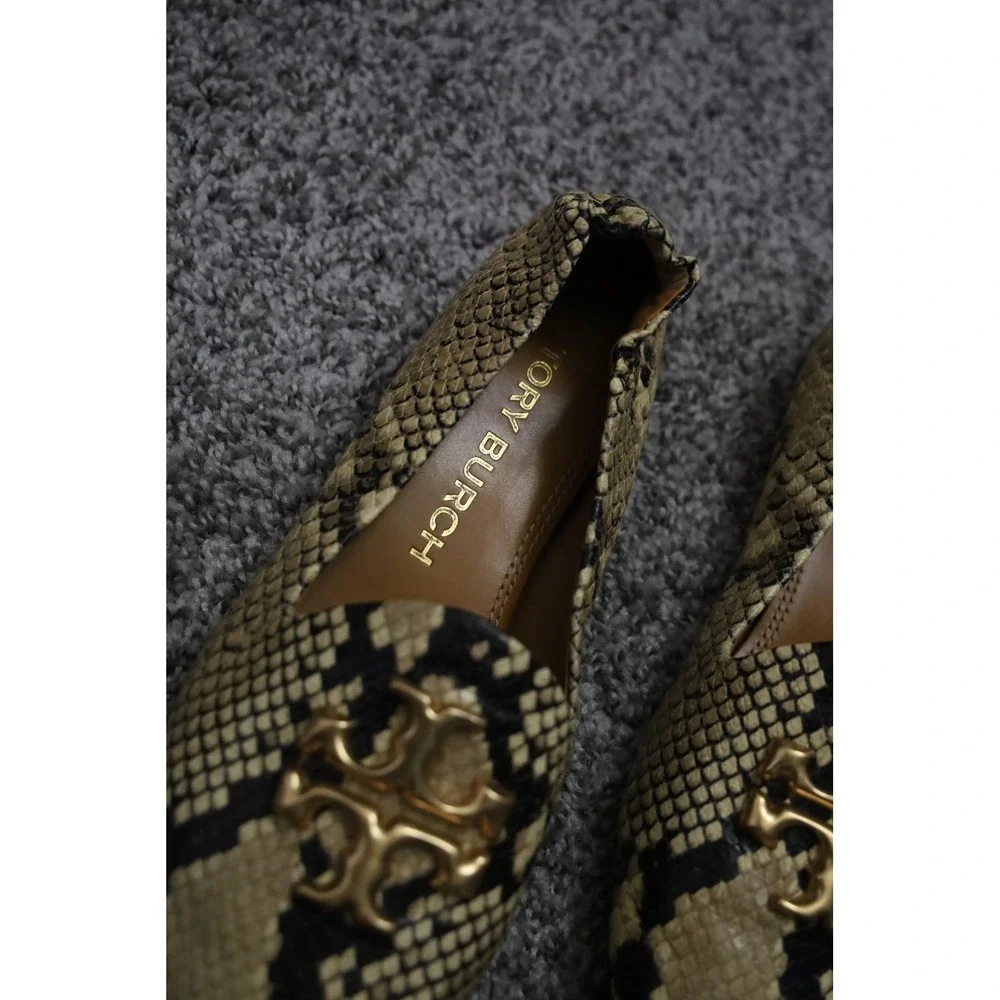 Tory Burch Eleanor Loafer Snake Embossed Leather Gold Logo Flats Size 7M Neutral